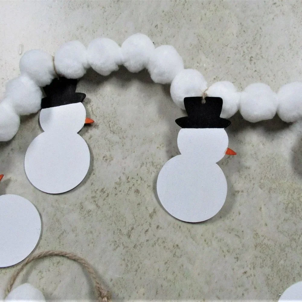 NEW Farmhouse Christmas snowman snowmen white pom pom garland 54